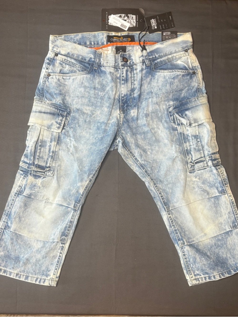 Copper Rivet Light Sand Blue Wash Cargo Denim Shorts Straight Fit